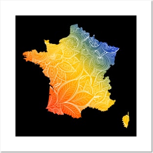 Colorful mandala art map of France with text in blue, yellow, and red Posters and Art